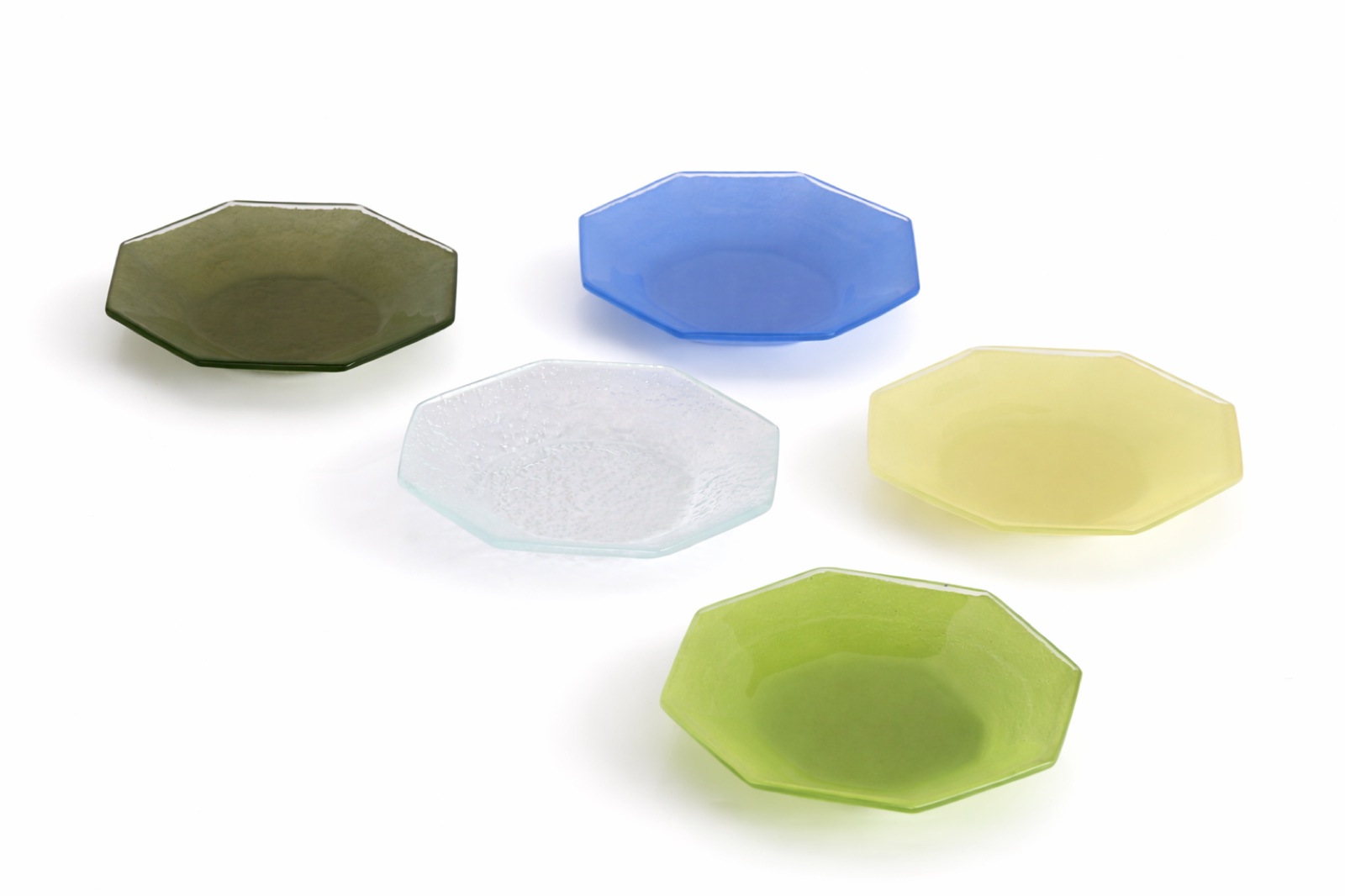Five small octagonal frosted-glass plates in olive, blue, clear, yellow, lime