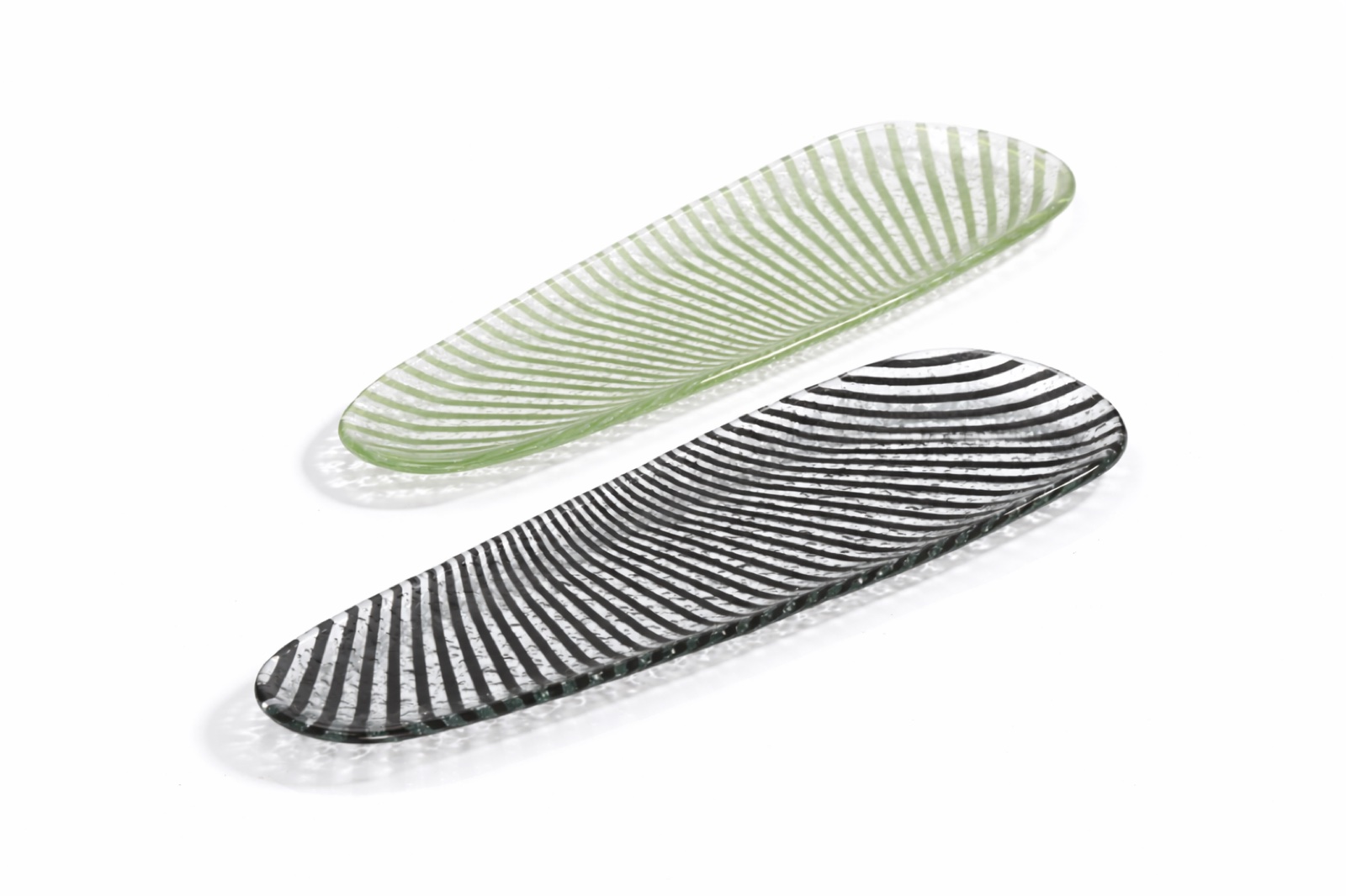 Two long oval striped glass platters, green and black