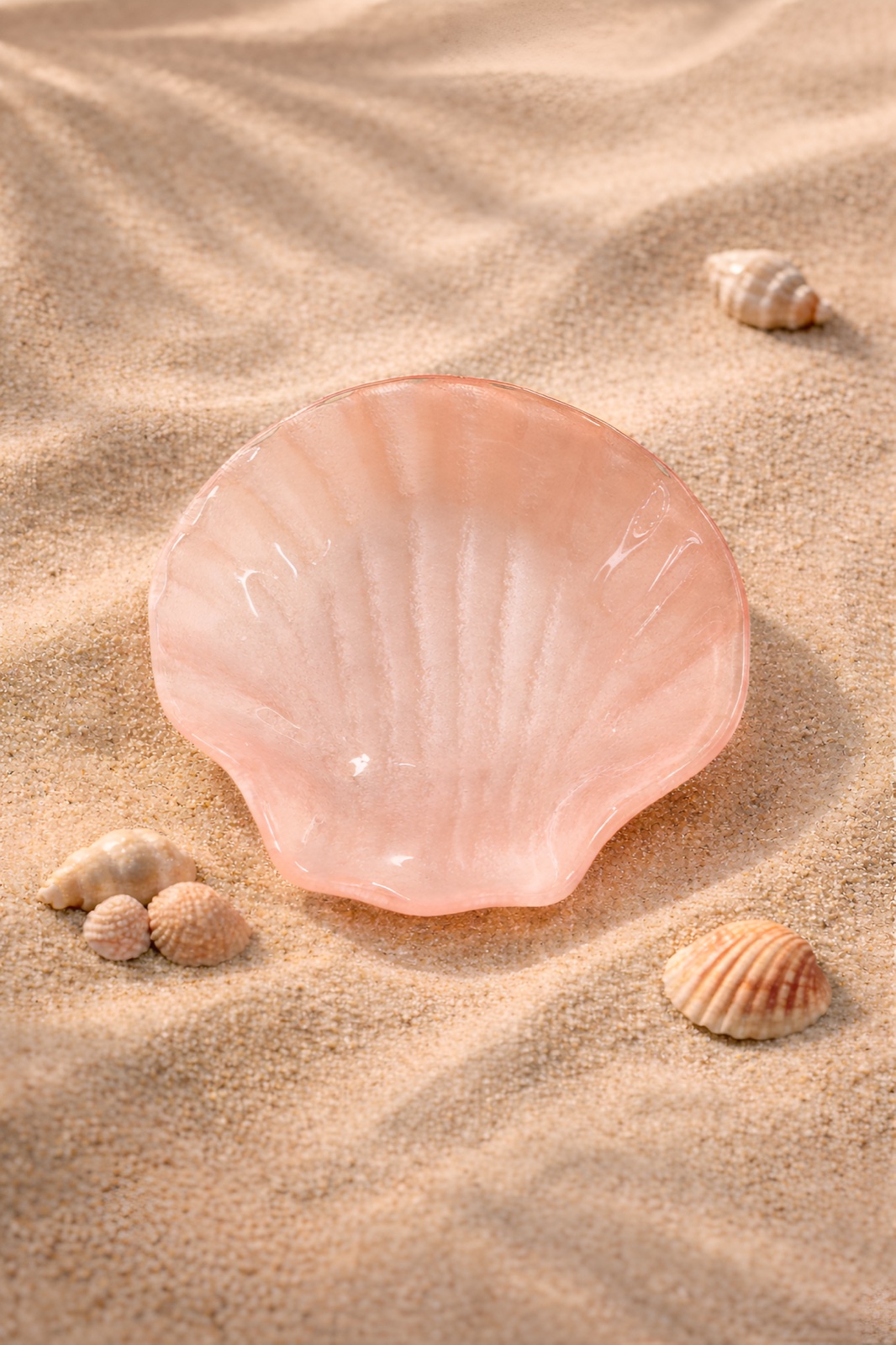 Pink scallop-shell-shaped glass piece on sand with seashells