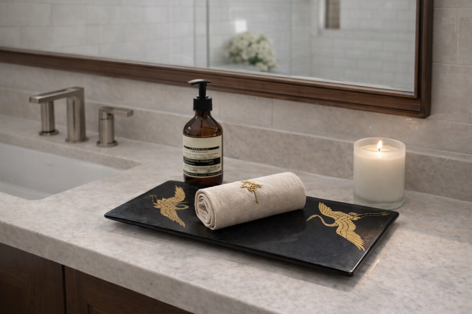 Tsuru Noir platter on a bathroom vanity