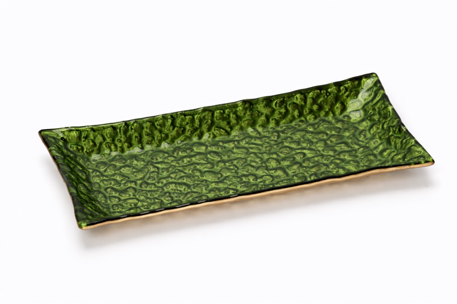 Long rectangular emerald-green hammered glass platter with gold rim
