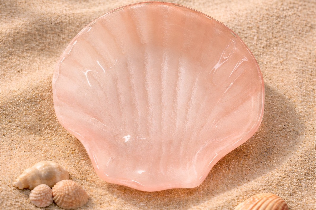 Pink scallop-shell-shaped glass piece on sand with seashells